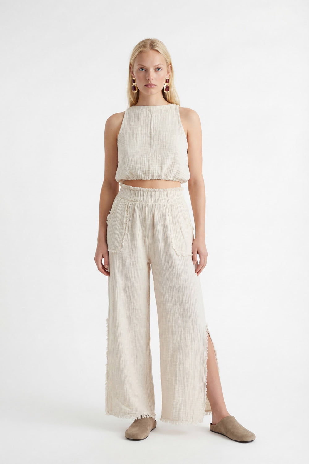 Crinkle Linen Yırtmaçlı Pantolon - 2