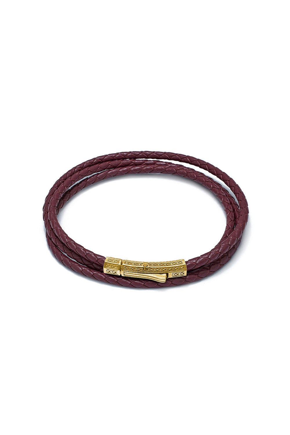 Sekizgen Kilitli Üçlü Deri Bileklik, Bordo - Gold - 0