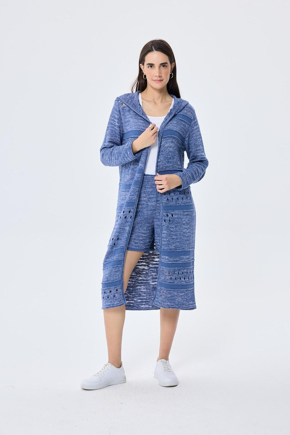 Skyler, Ajurlu, Kadın Kapüşonlu Yazlık Uzun Triko Hırka - Denim Mix - 5