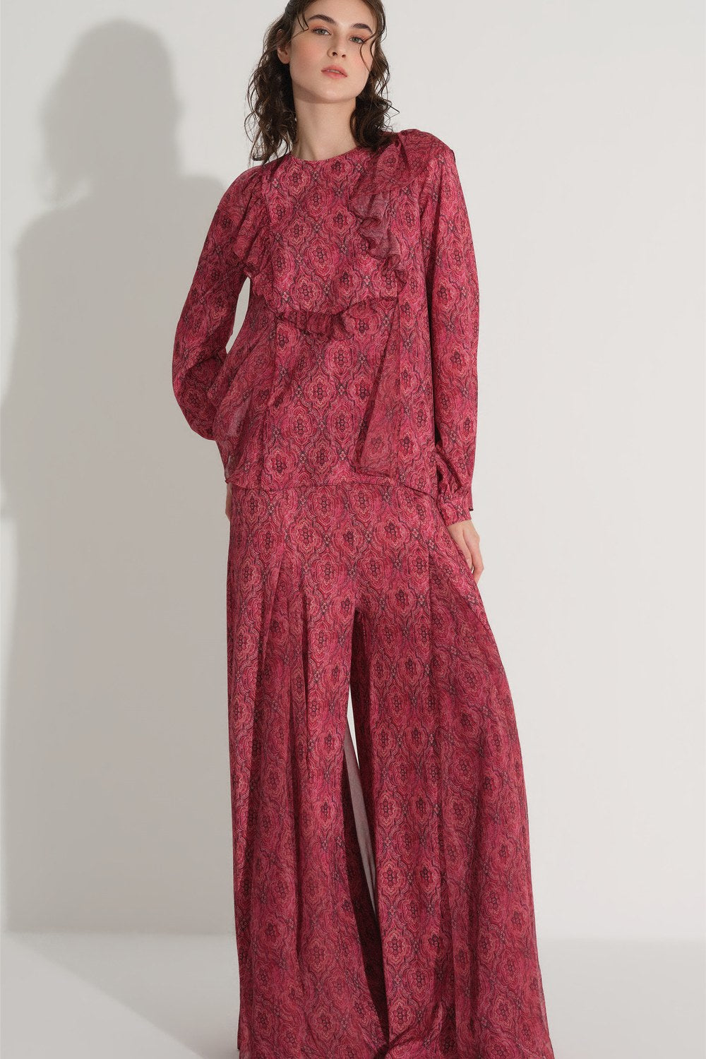 Etnik Desenli Bluz Ve Pantolon Takımı - Bordo - 3