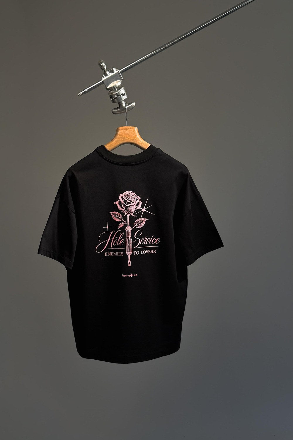 Gül Grafik Baskılı Oversize T-Shirt, Siyah - 1