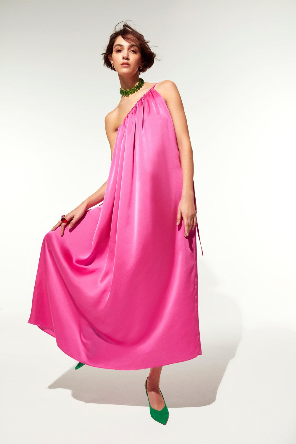 Chrissy Tek Omuz Saten Elbise Fuschia - 2
