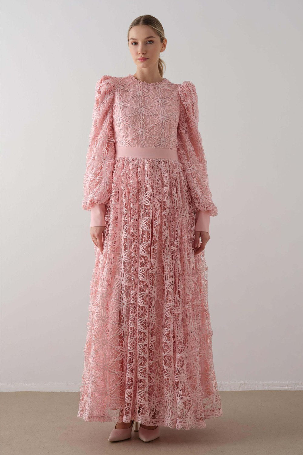 Dantelli Eteği Kabarık Elbise – Pembe - 1