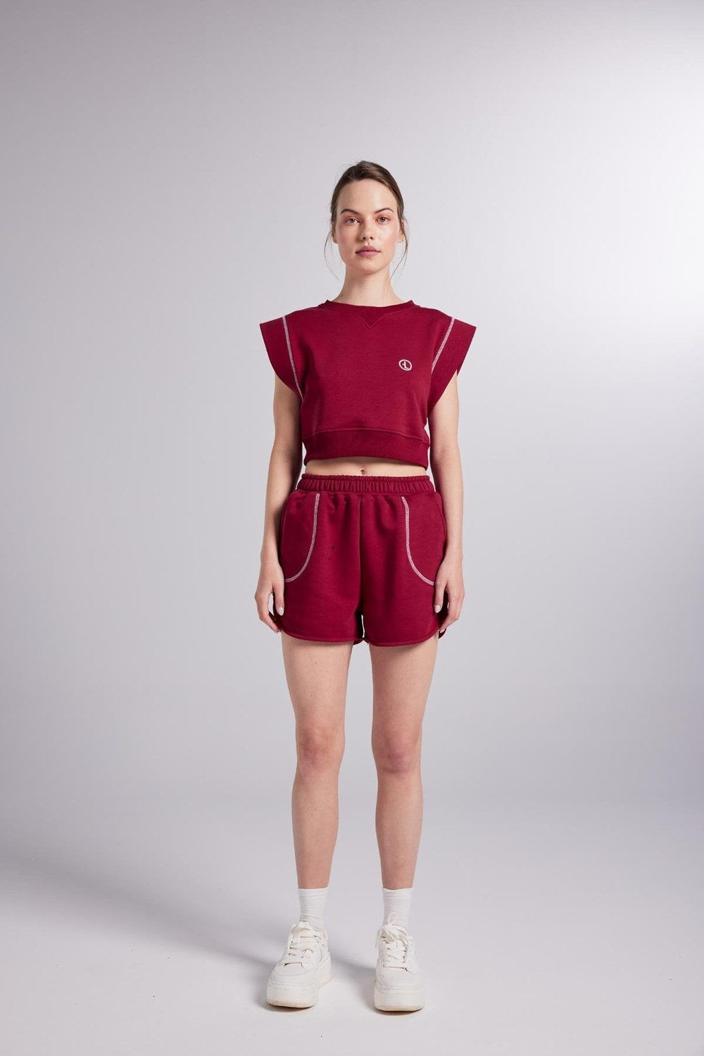 Crop Kesim Kontrast Dikişli Rhode Tshirt Bordo - 2