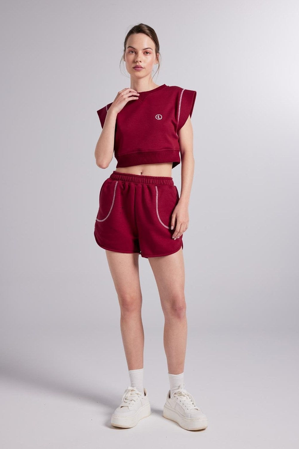Crop Kesim Kontrast Dikişli Rhode Tshirt Bordo - 5