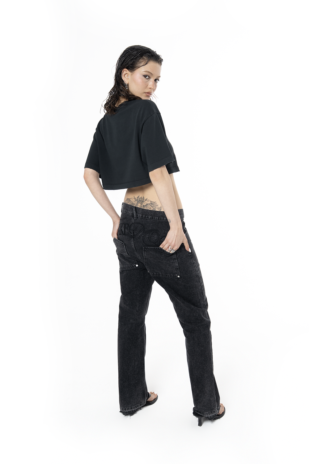 Kadın Oversize Fm Icon Yıpratmalı Crop Tişört - Siyah - 3