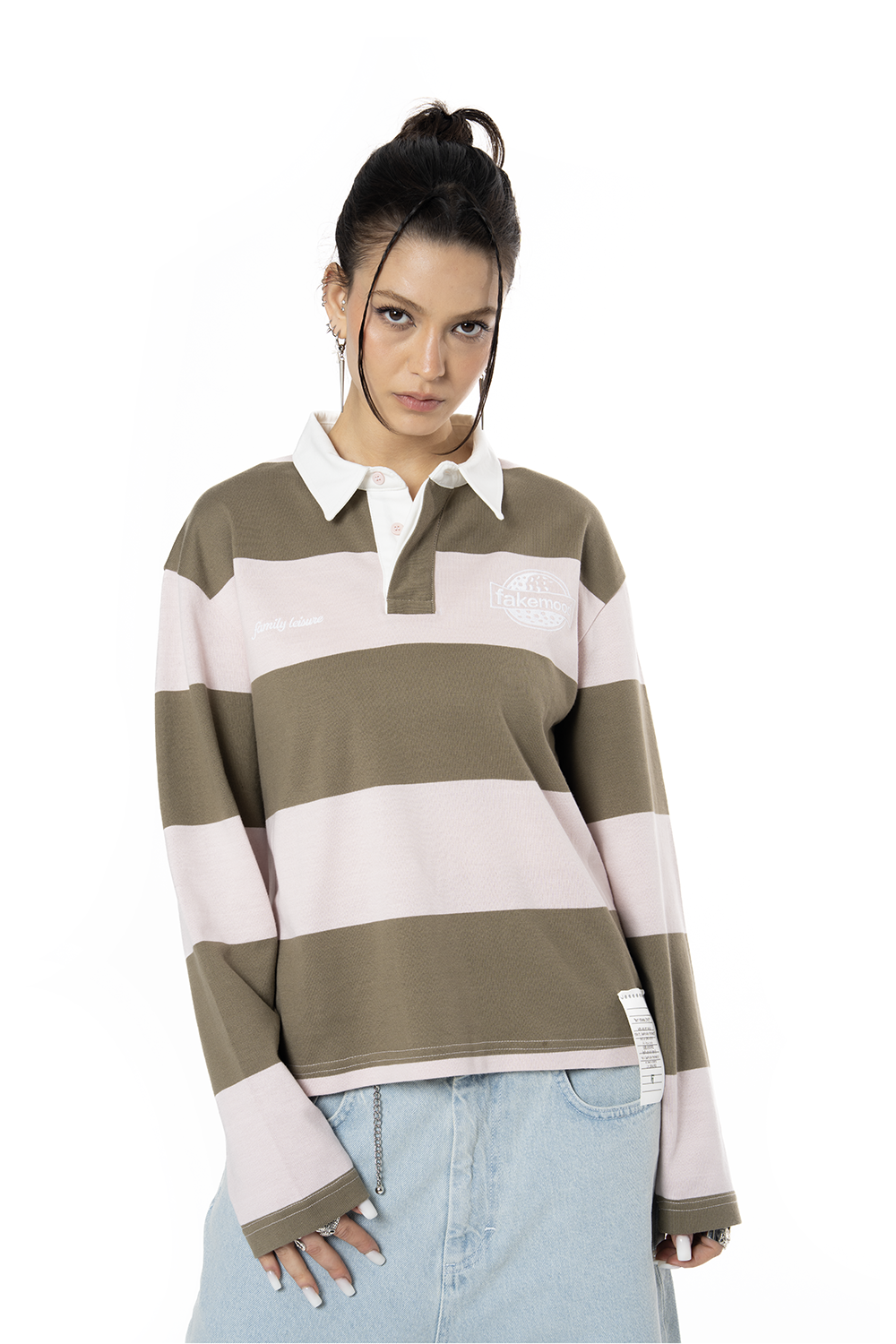 Unisex Çizgili Nakışlı Uzun Kollu Polo Tişört - Pembe - 0