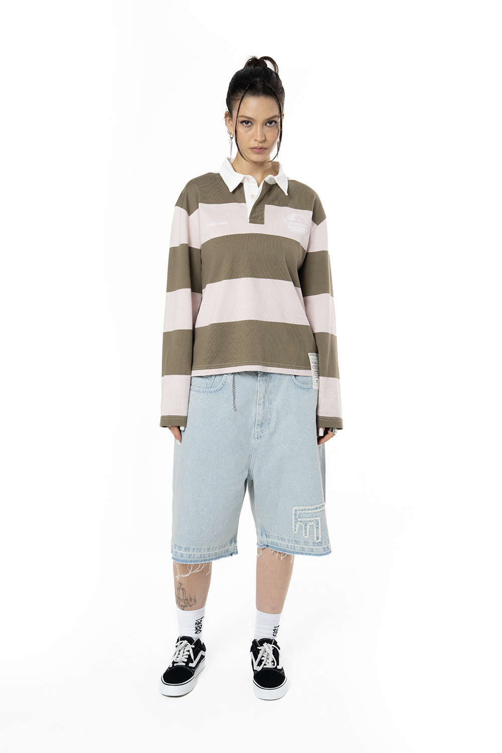 Unisex Çizgili Nakışlı Uzun Kollu Polo Tişört - Pembe - 3