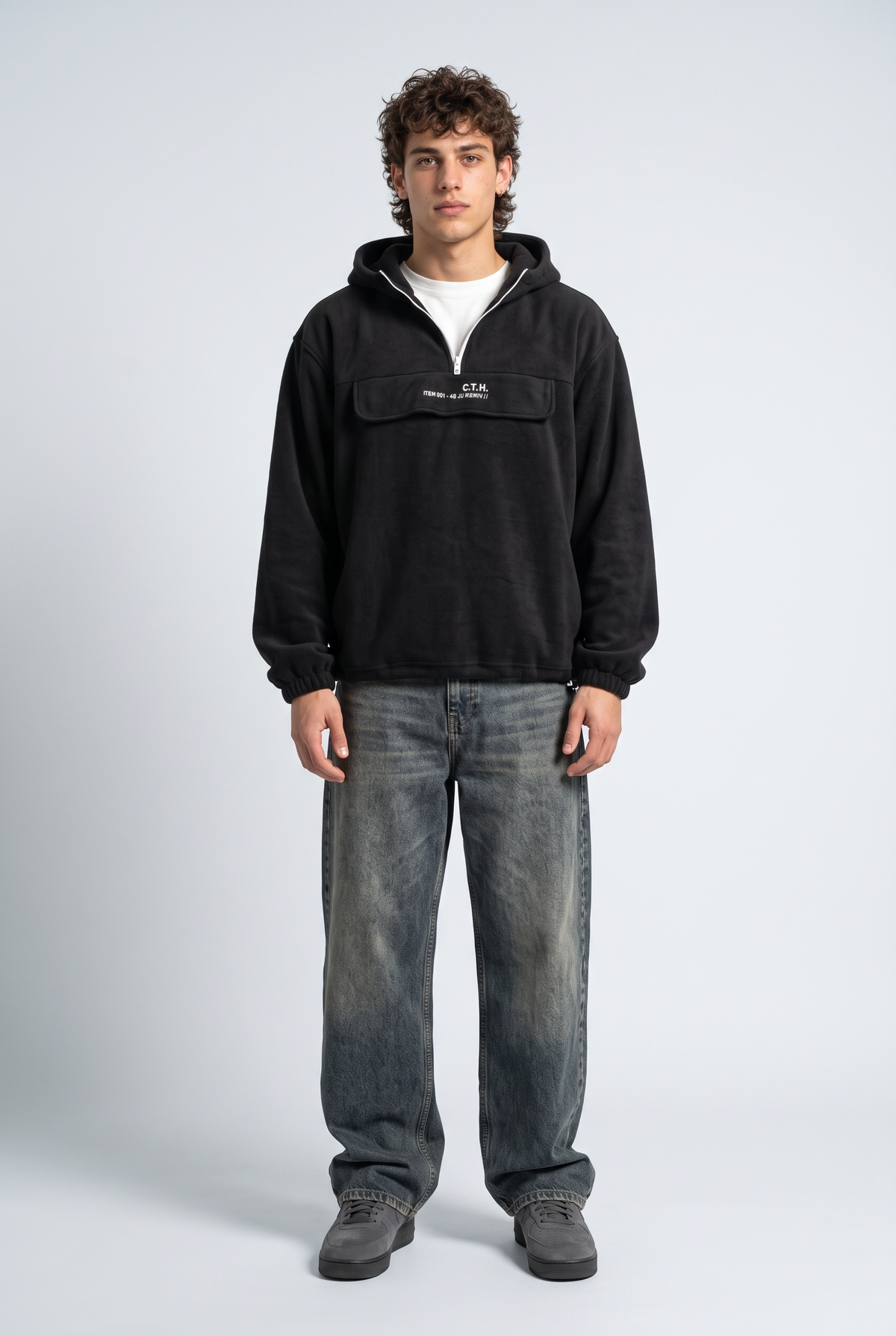 Yarım Fermuarlı Kapüşonlu Polar Sweatshirt
