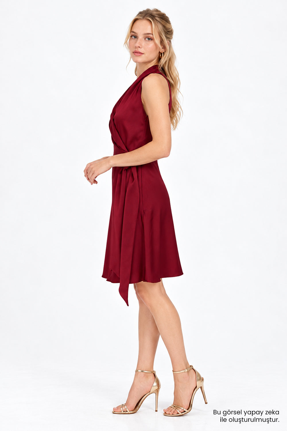 Kolsuz Kruvaze Yaka Beli Bağlamalı Mini Bordo Elbise