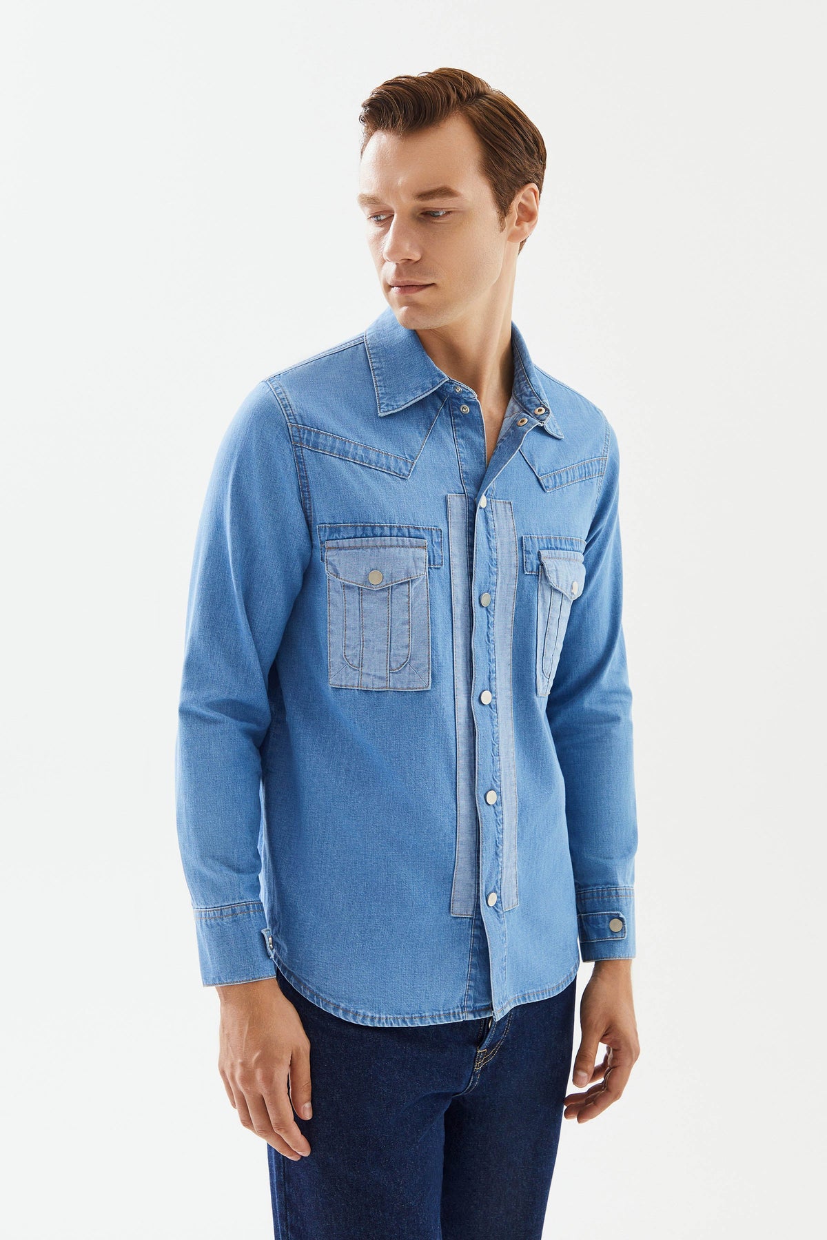 2be4A-Erkek Açık Mavi Cepli Denim Gömlek-3-fleurdirect.live