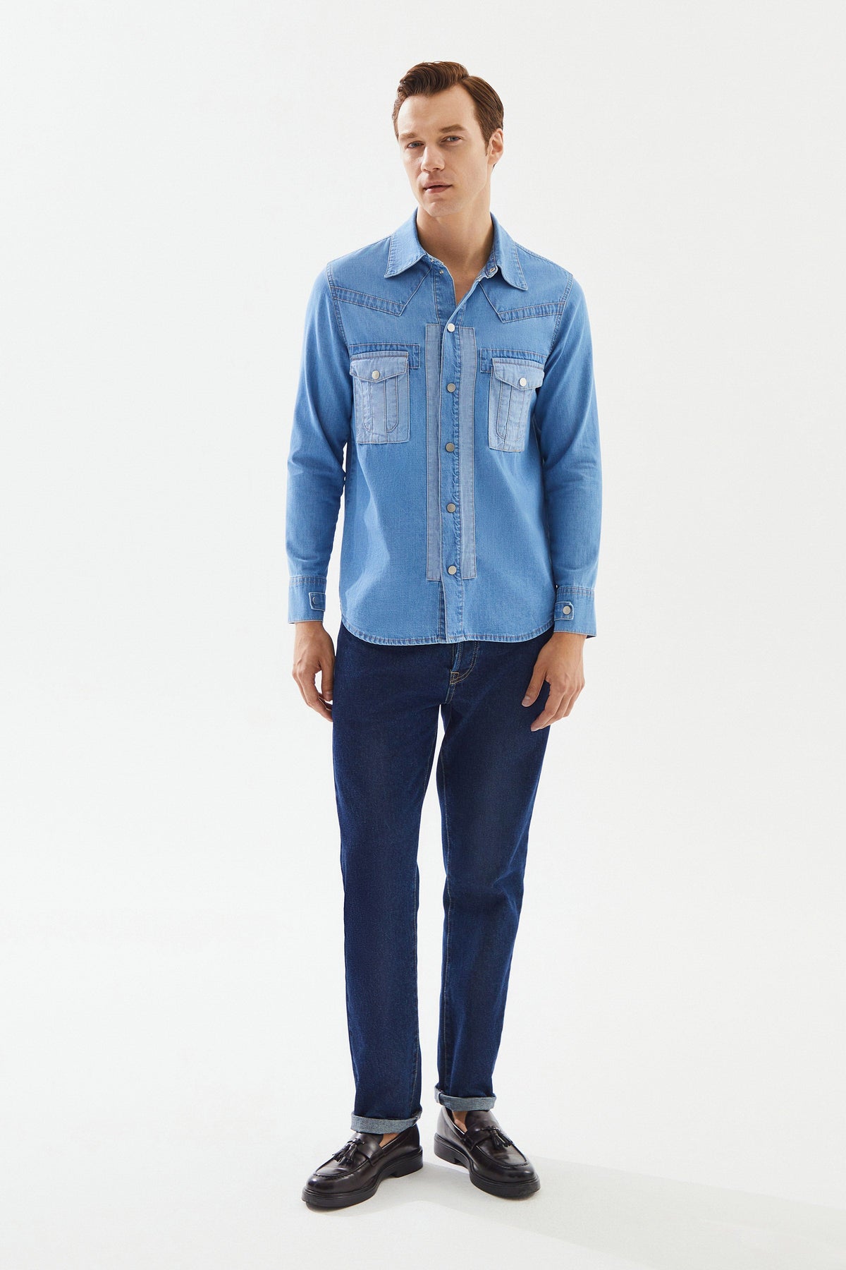 2be4A-Erkek Açık Mavi Cepli Denim Gömlek-4-fleurdirect.live