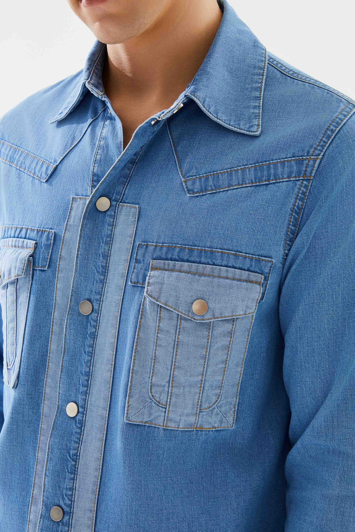 2be4A-Erkek Açık Mavi Cepli Denim Gömlek-5-fleurdirect.live