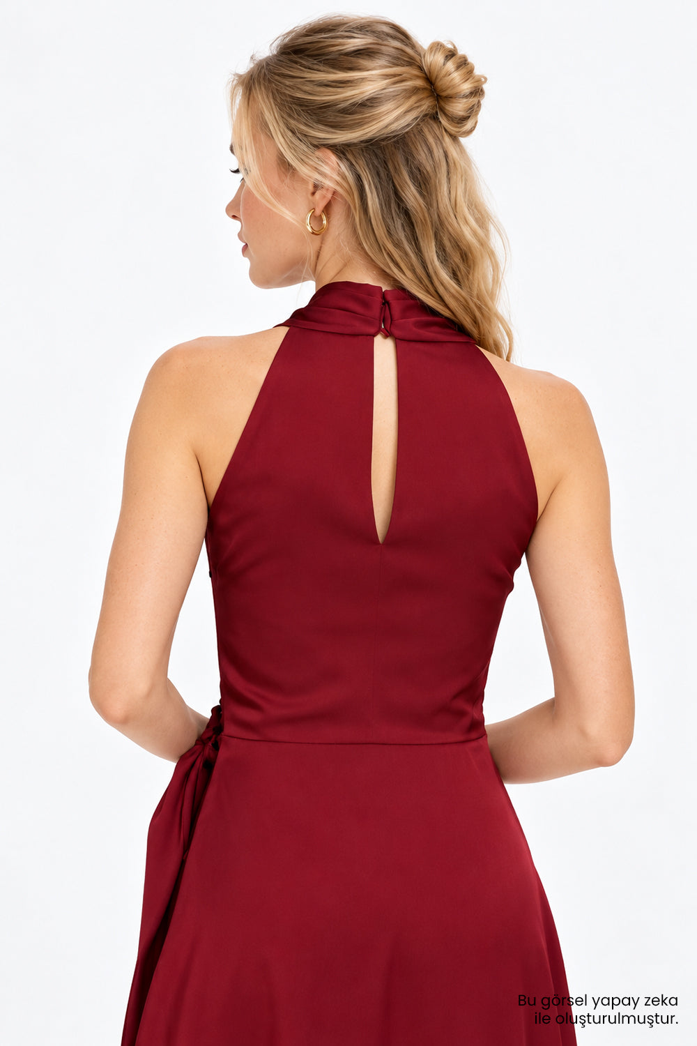 Kolsuz Kruvaze Yaka Beli Bağlamalı Mini Bordo Elbise