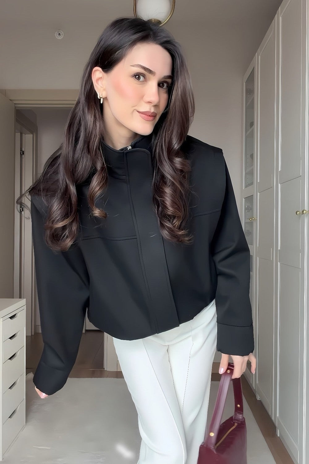 Misole-Selina Dik Yaka Bomber Ceket Siyah-Ceket-2-fleurdirect.live