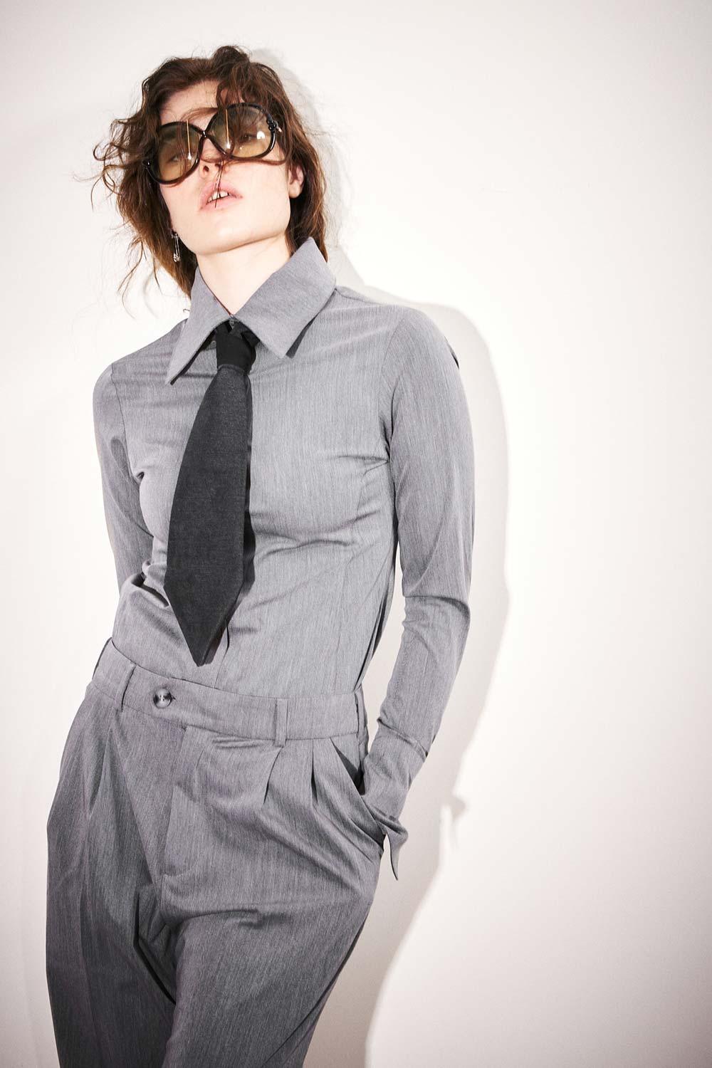 Agic-Gri Sivri Yaka Geniş Manşetli Gömlek-Gömlek-5-fleurdirect.live