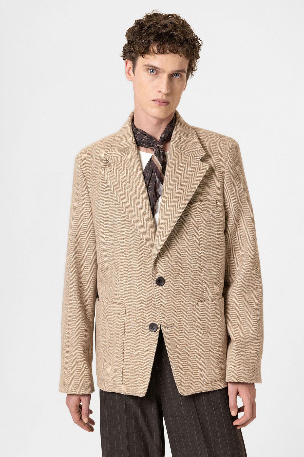 Antioch-Bej Balıksırtı Desenli Oversize Erkek Blazer Ceket-Ceket-1-fleurdirect.live