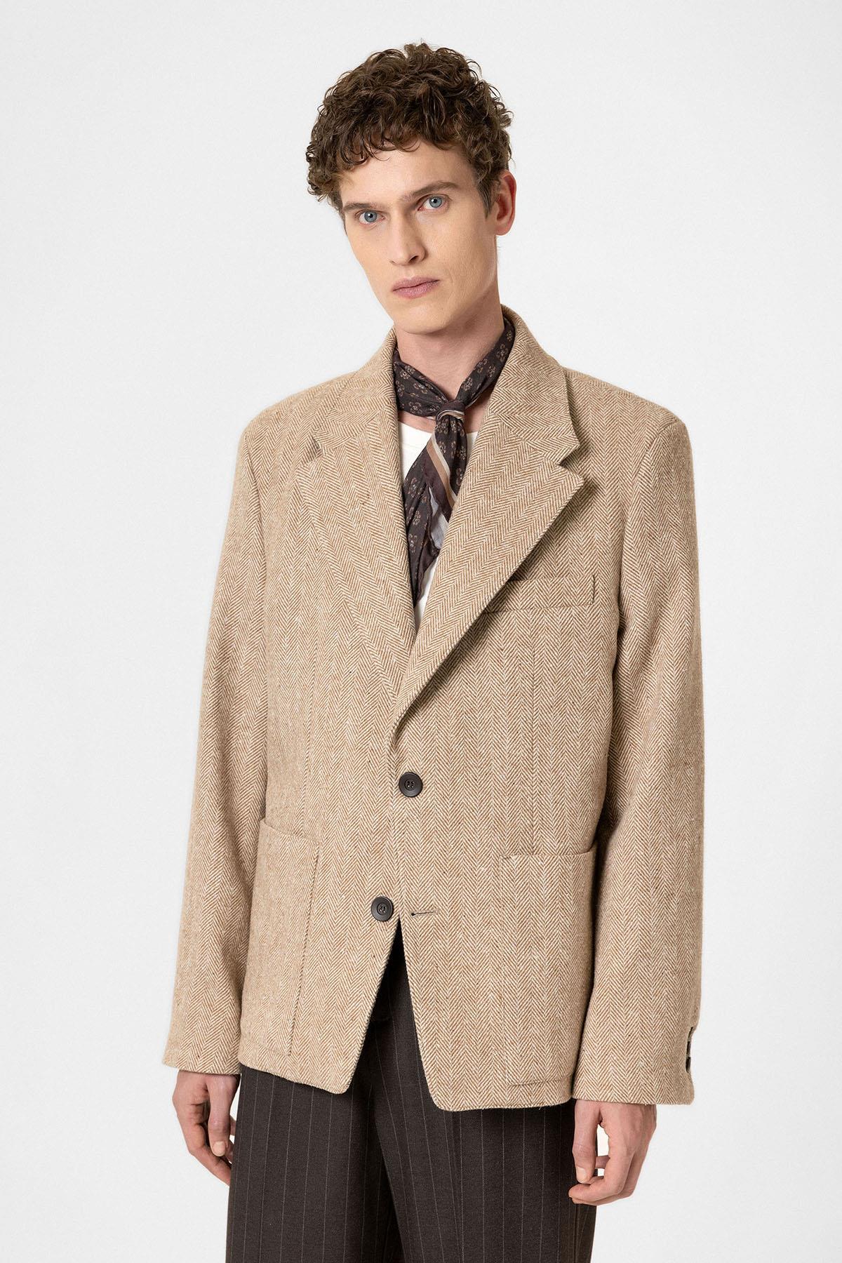 Antioch-Bej Balıksırtı Desenli Oversize Erkek Blazer Ceket-Ceket-7-fleurdirect.live