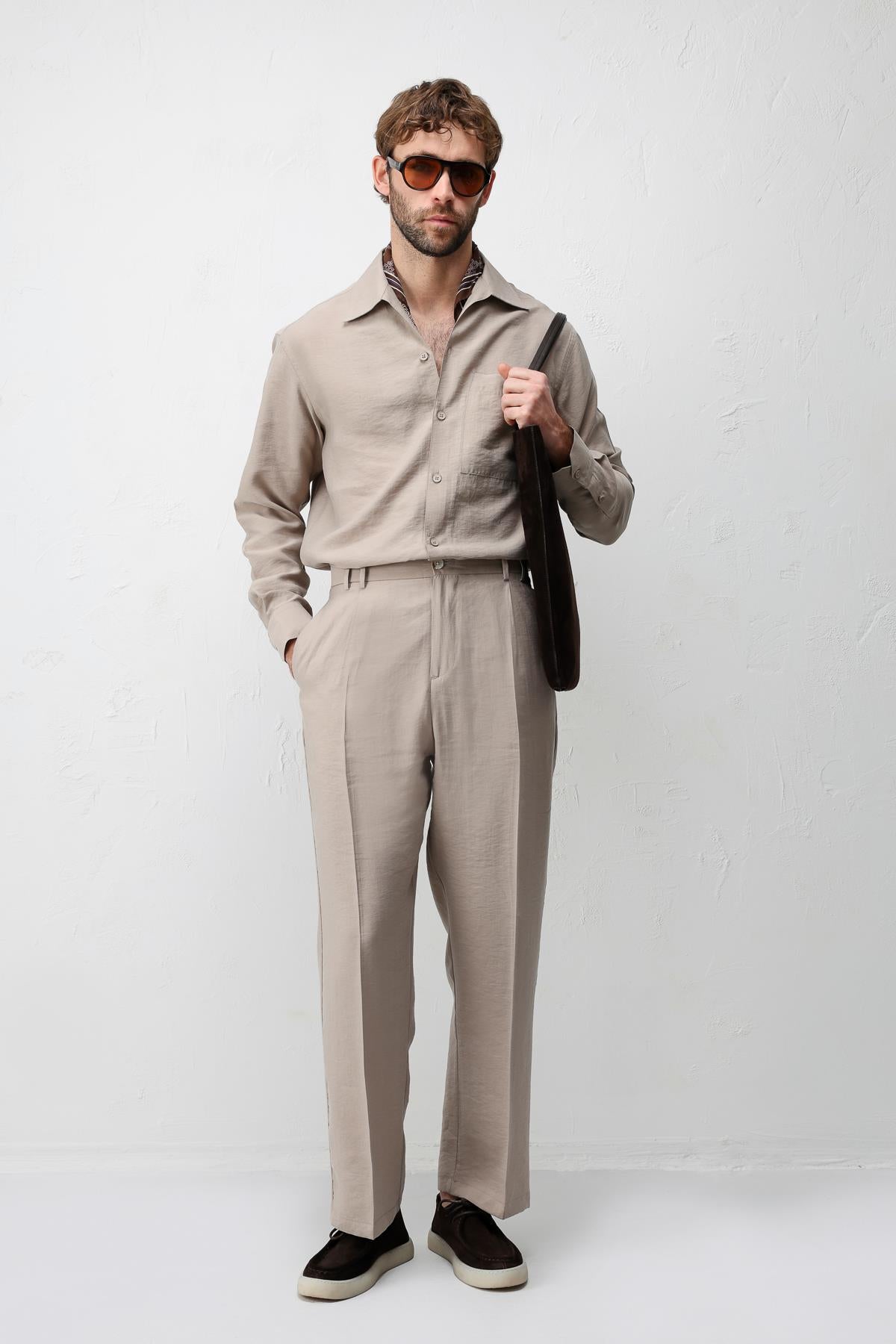 Antioch Bej Lyocell Relaxed Fit Pileli Erkek Pantolon
