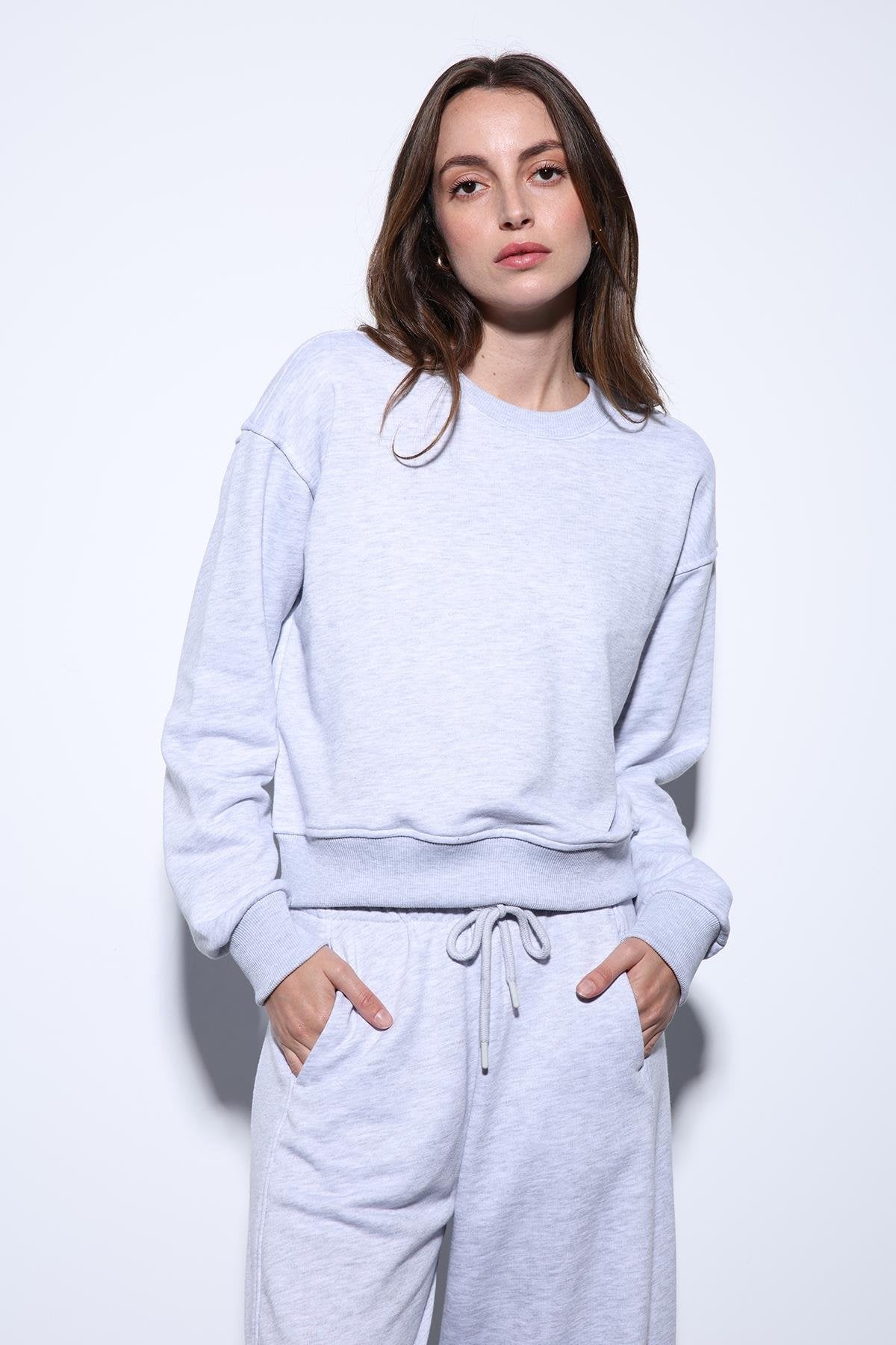 Antioch-Antioch Gri Melanj Basic Kadın Sweatshirt-Sweatshirt-1-fleurdirect.live
