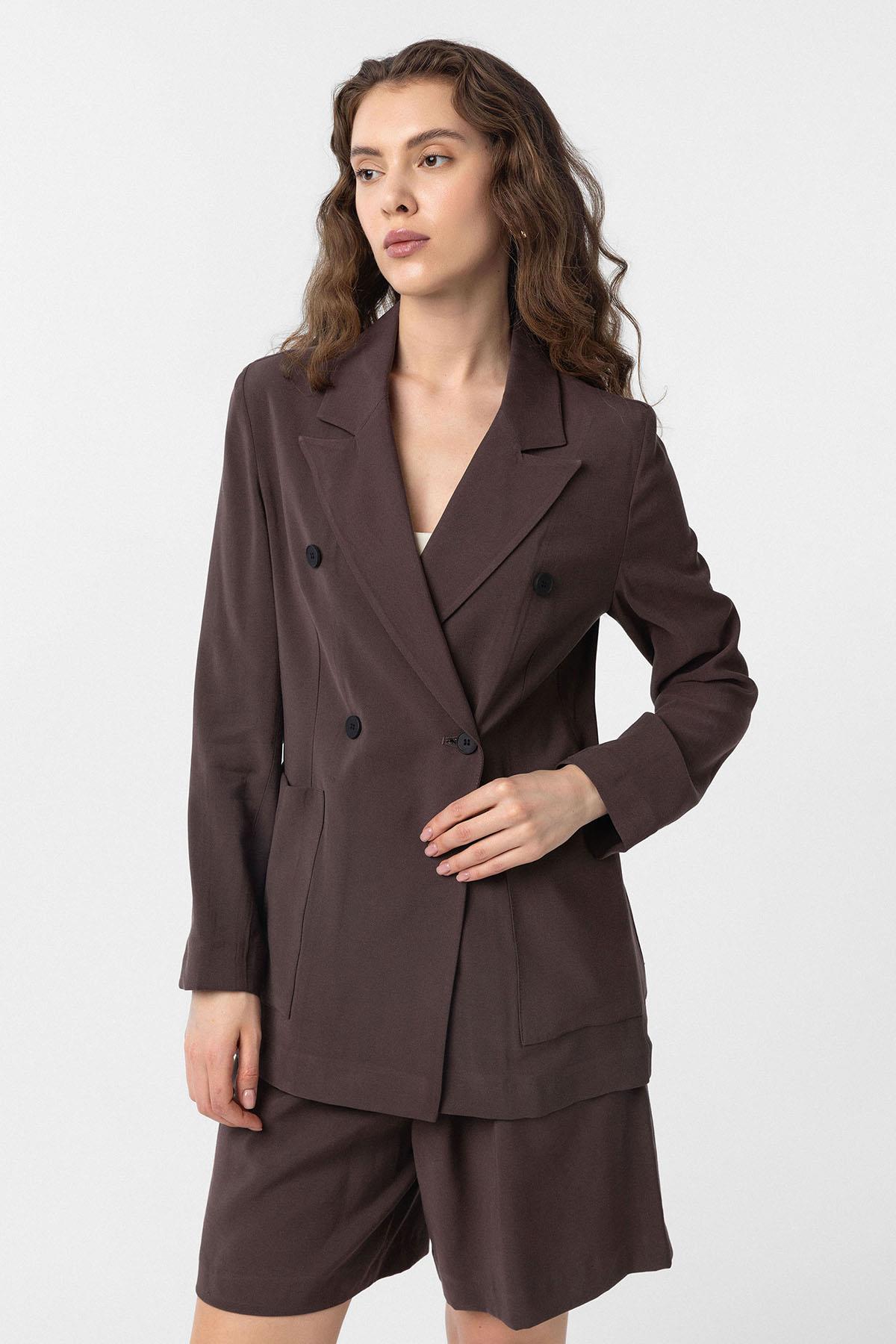 Antioch-Kahve Kruvaze Kadın Blazer Ceket-Blazer Ceket-1-fleurdirect.live