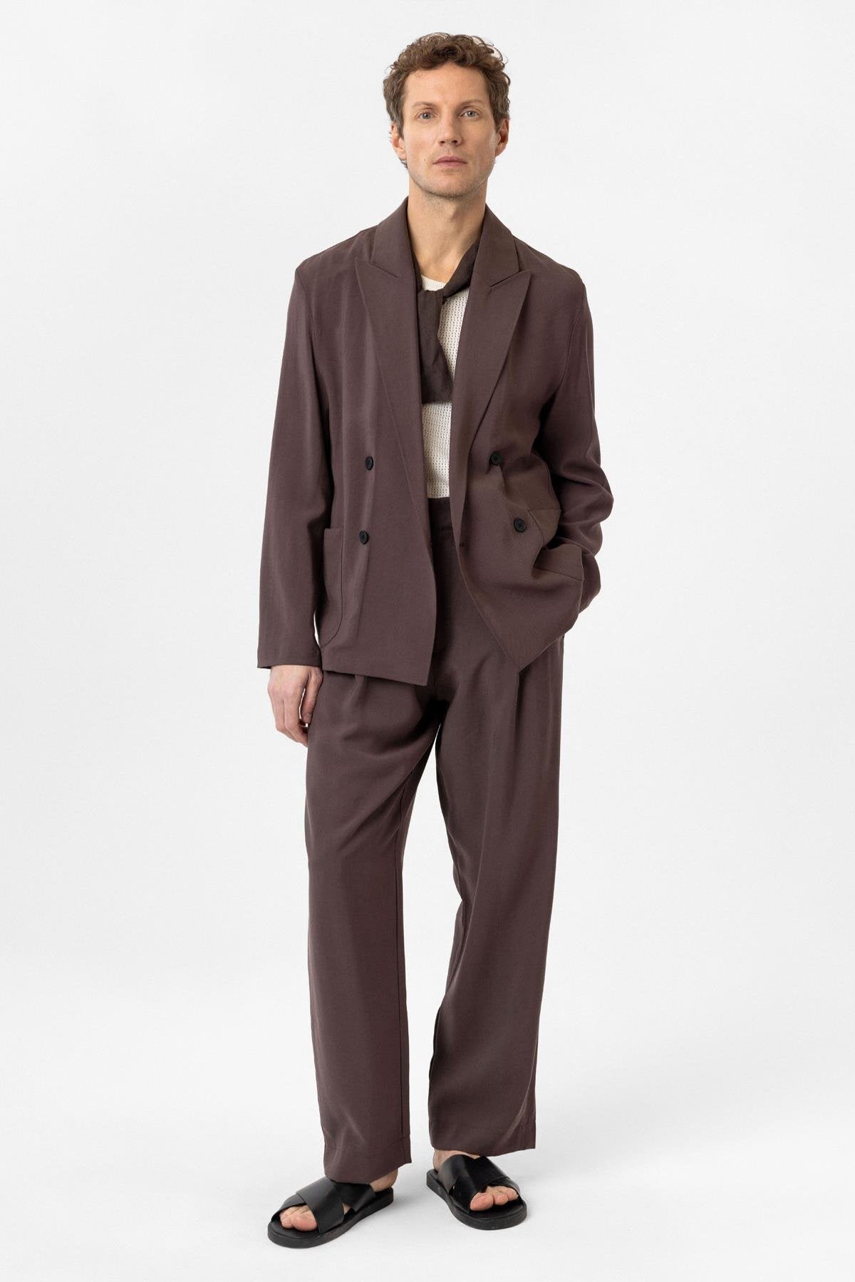 Antioch-Kahve Relax Fit Diagonel İnce Erkek Blazer Ceket-Blazer Ceket-2-fleurdirect.live