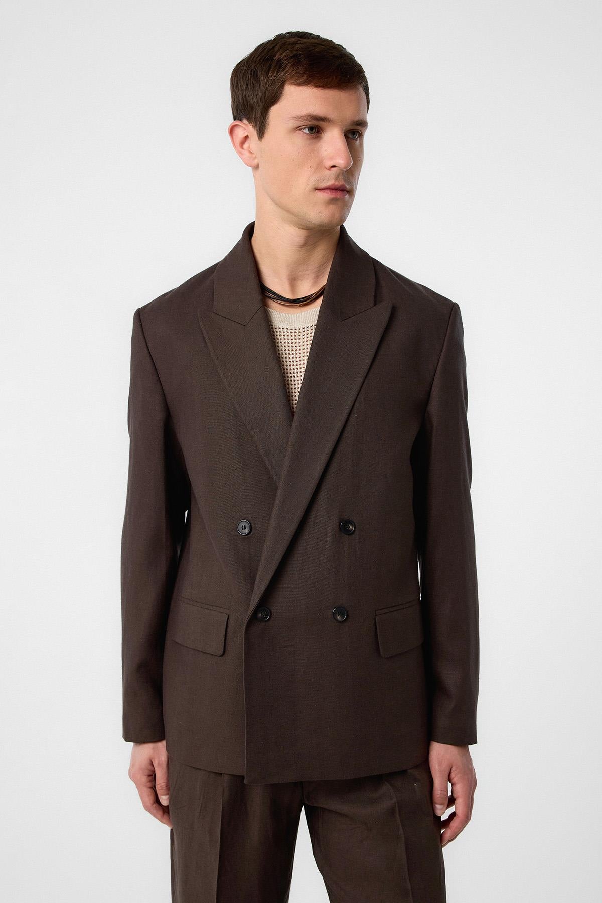 Antioch-Kahve Relax Fit Keten Karışımlı Erkek Blazer Ceket-Blazer Ceket-1-fleurdirect.live