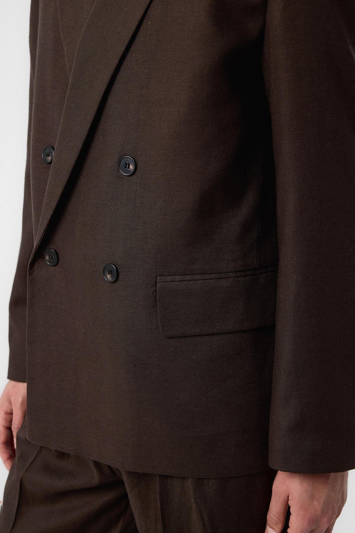 Antioch-Kahve Relax Fit Keten Karışımlı Erkek Blazer Ceket-Blazer Ceket-3-fleurdirect.live