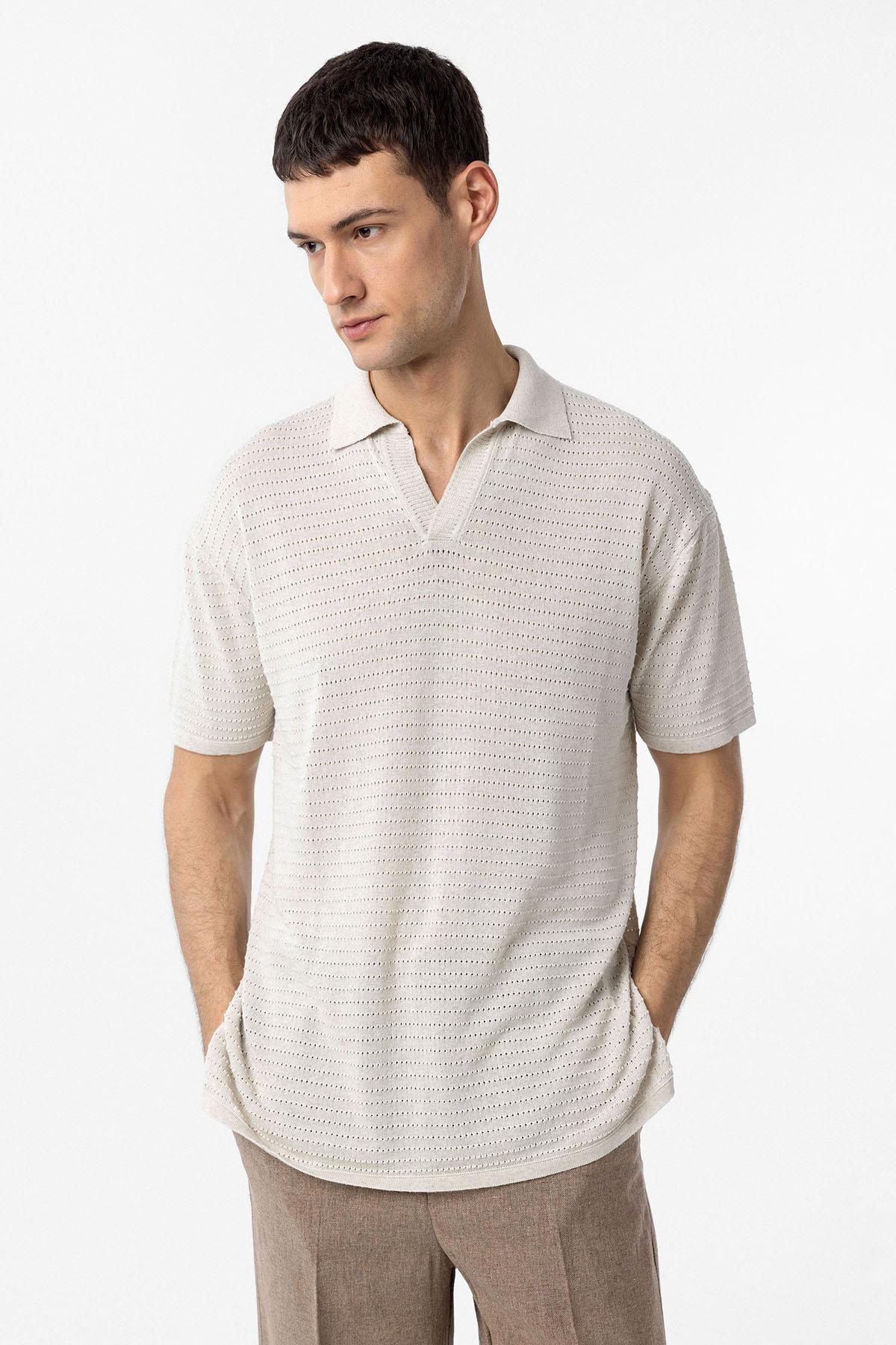 Antioch-Natur Polo Yaka Dokulu Erkek Triko T Shirt-T-Shirts-1-fleurdirect.live