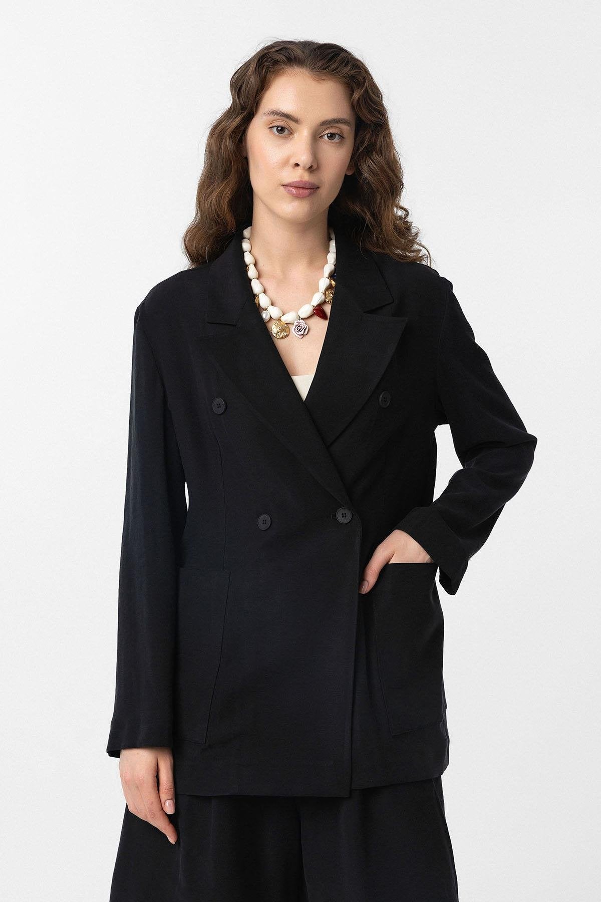 Antioch-Siyah Kruvaze Kadın Blazer Ceket-Blazer Ceket-1-fleurdirect.live