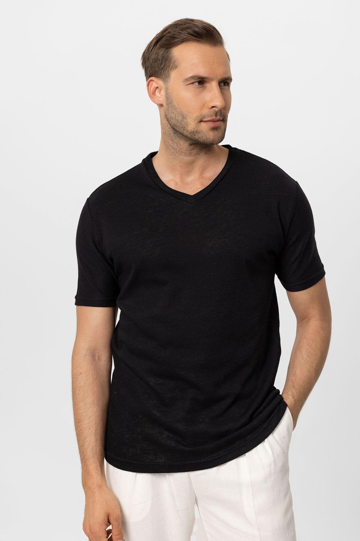 Antioch-Siyah V Yaka Basic Erkek T Shirt-T-Shirts-1-fleurdirect.live