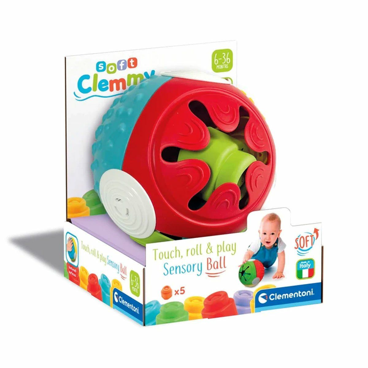 Baby Clementoni-17689 Soft Clemmy Yumuşak Blok Duyusal Top, 5 Parça 6 36 Ay-Bebek Oyuncakları-1-fleurdirect.live