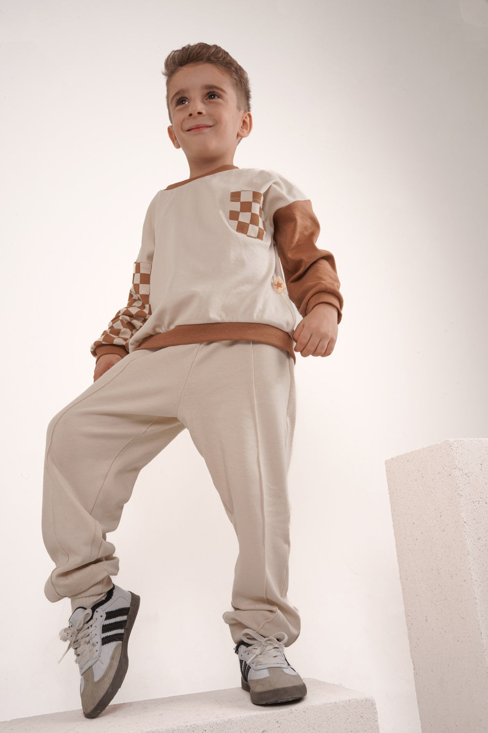 Babybek-Premium Unisex Eşofman Takımı Kahverengi Dama-Alt - Üst Takım-6-fleurdirect.live