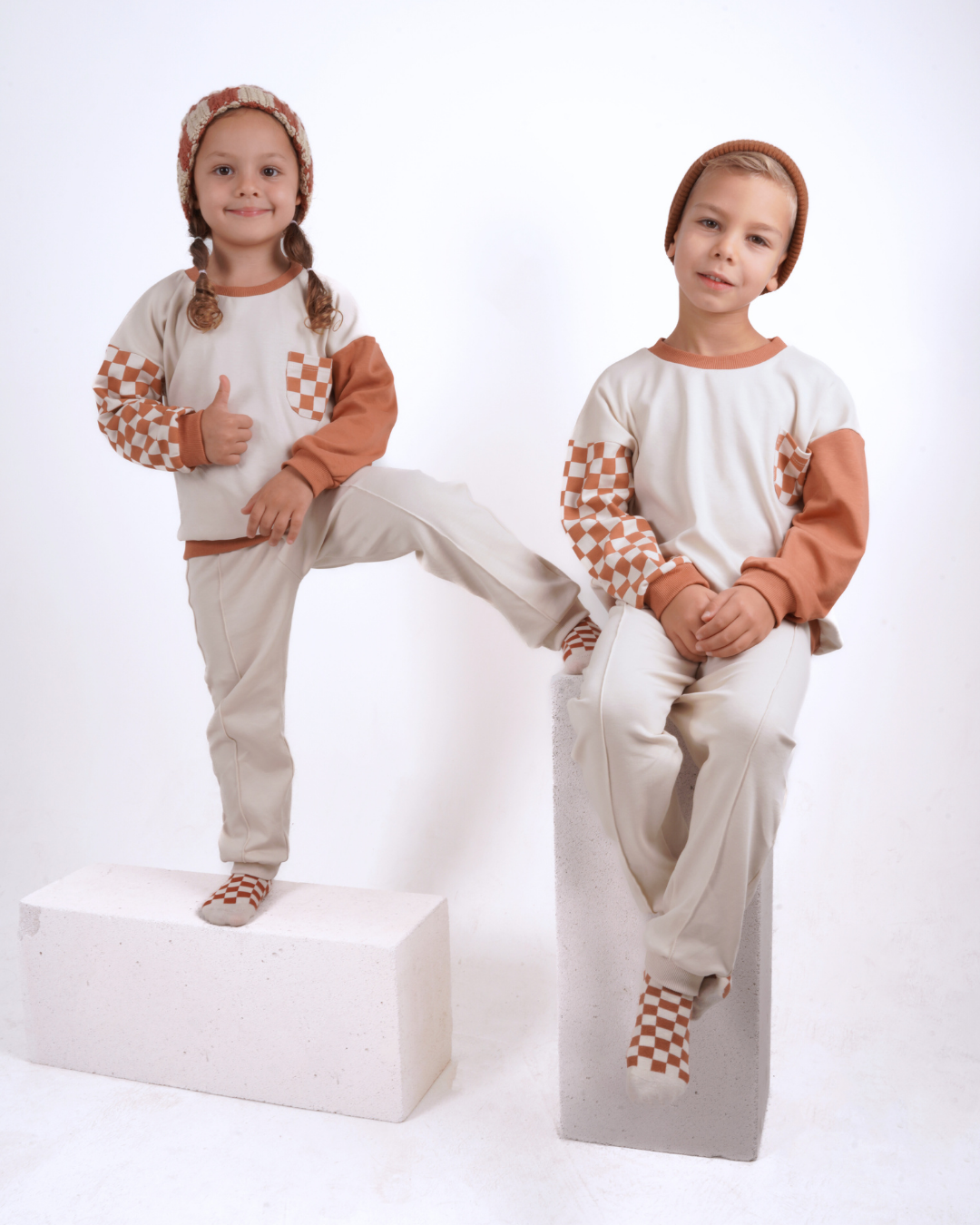 Babybek-Premium Unisex Eşofman Takımı Kiremit Dama-Alt - Üst Takım-7-fleurdirect.live