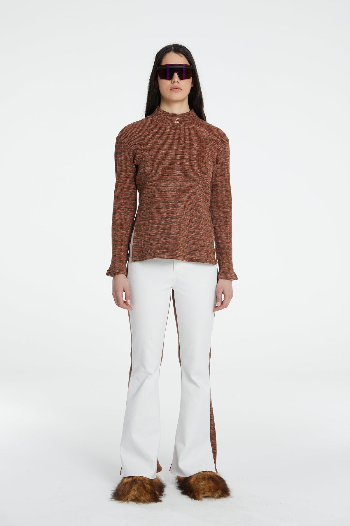 Denim Knit Flare Pantolon - Beyaz/Kiremit