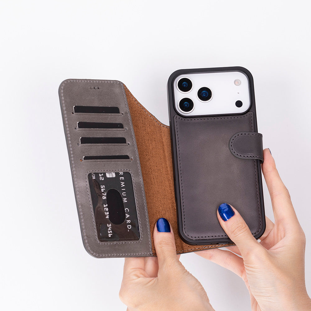 Bloominbag-Bloom Case Magic Wallet Ash Gray Apple I Phone 17 Pro (6.3") Hakiki Deri çıkarılabilir Cüzdanlı Telefon Kılıfı-2-fleurdirect.live