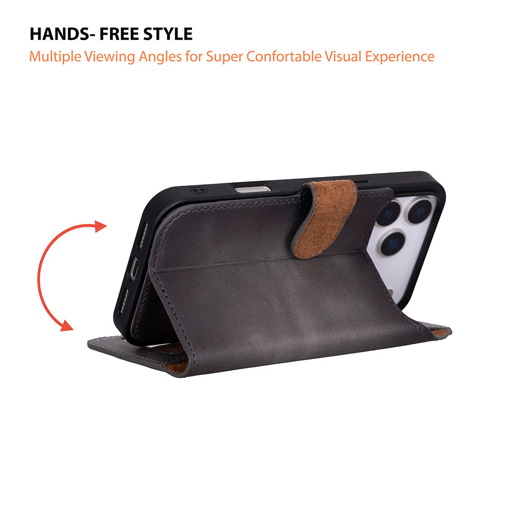 Bloominbag-Bloom Case Magic Wallet Ash Gray Apple I Phone 17 Pro (6.3") Hakiki Deri çıkarılabilir Cüzdanlı Telefon Kılıfı-4-fleurdirect.live