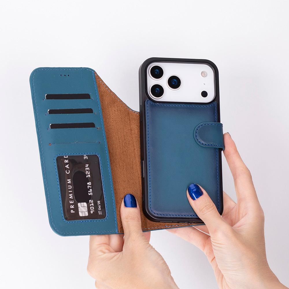 Bloominbag-Bloom Case Magic Wallet Midnight Blue Apple I Phone 17 Pro (6.3") Hakiki Deri çıkarılabilir Cüzdanlı Telefon Kılıfı-2-fleurdirect.live