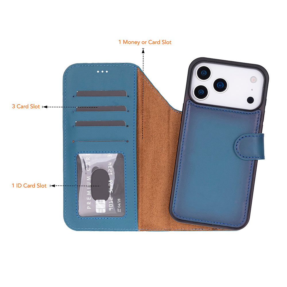 Bloominbag-Bloom Case Magic Wallet Midnight Blue Apple I Phone 17 Pro (6.3") Hakiki Deri çıkarılabilir Cüzdanlı Telefon Kılıfı-3-fleurdirect.live