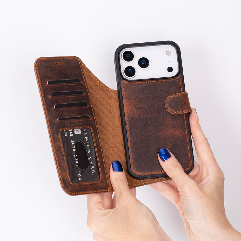 Bloominbag-Bloom Case Magic Wallet Saddle Brown Apple I Phone 17 Pro (6.3") Hakiki Deri çıkarılabilir Cüzdanlı Telefon Kılıfı-2-fleurdirect.live