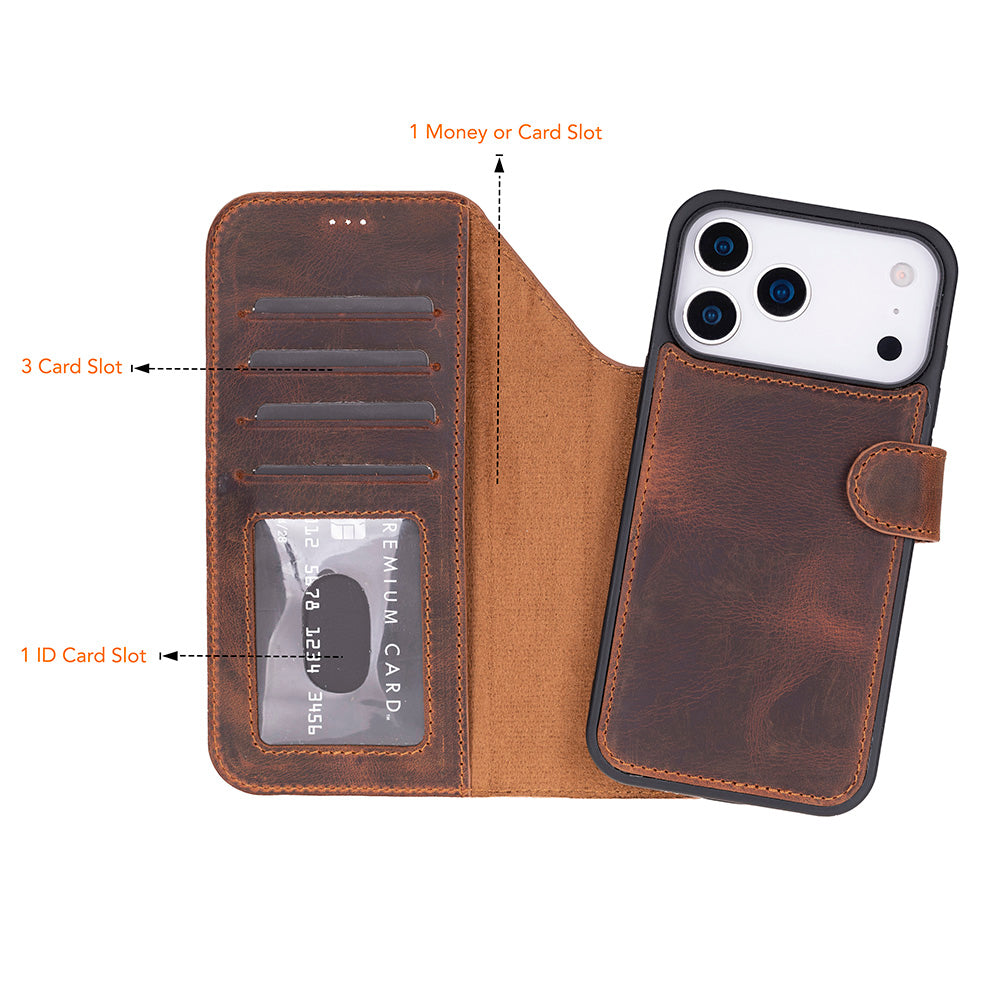 Bloominbag-Bloom Case Magic Wallet Saddle Brown Apple I Phone 17 Pro (6.3") Hakiki Deri çıkarılabilir Cüzdanlı Telefon Kılıfı-3-fleurdirect.live