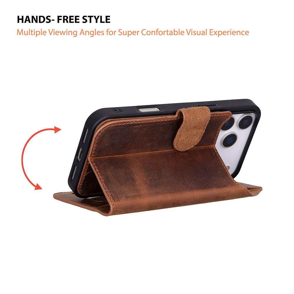 Bloominbag-Bloom Case Magic Wallet Saddle Brown Apple I Phone 17 Pro (6.3") Hakiki Deri çıkarılabilir Cüzdanlı Telefon Kılıfı-4-fleurdirect.live