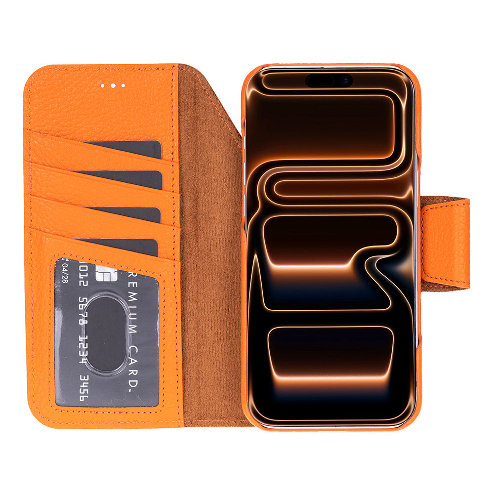 Porta Burnt Amber Deri Iphone 17 Pro (6.3") Hakiki Deri Çıkarılabilir Cüzdanlı Telefon Kılıfı