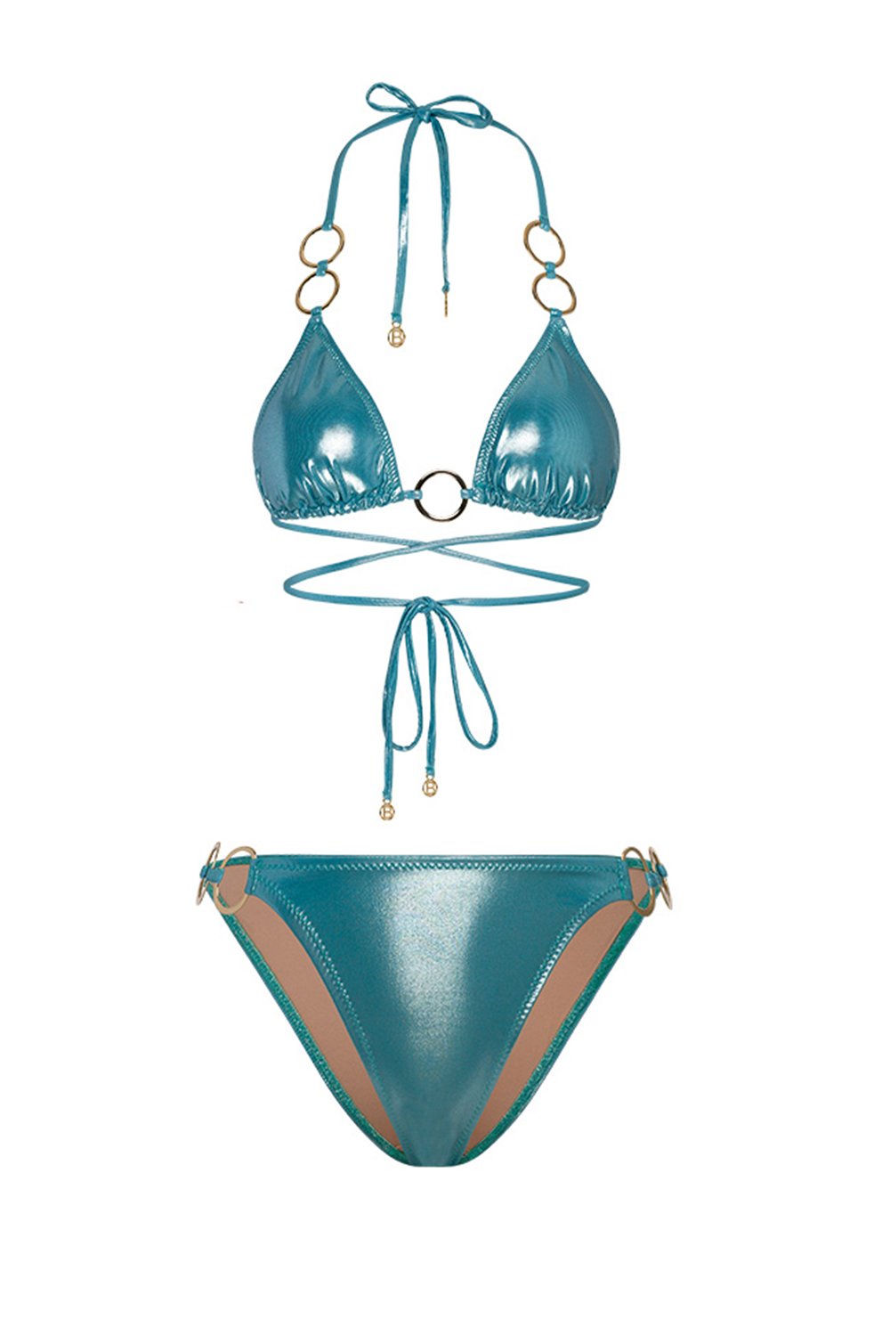 Bonesta-Escalante Shiny Turquoise Blue Halka Aksesuarlı Üçgen Bikini Takımı-Bikini & Mayo-4-fleurdirect.live