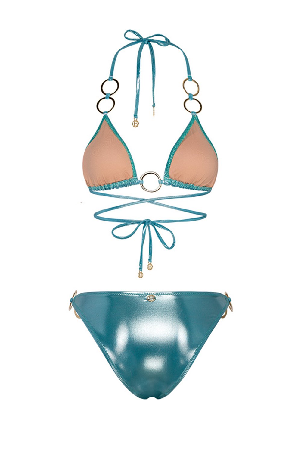 Bonesta-Escalante Shiny Turquoise Blue Halka Aksesuarlı Üçgen Bikini Takımı-Bikini & Mayo-5-fleurdirect.live