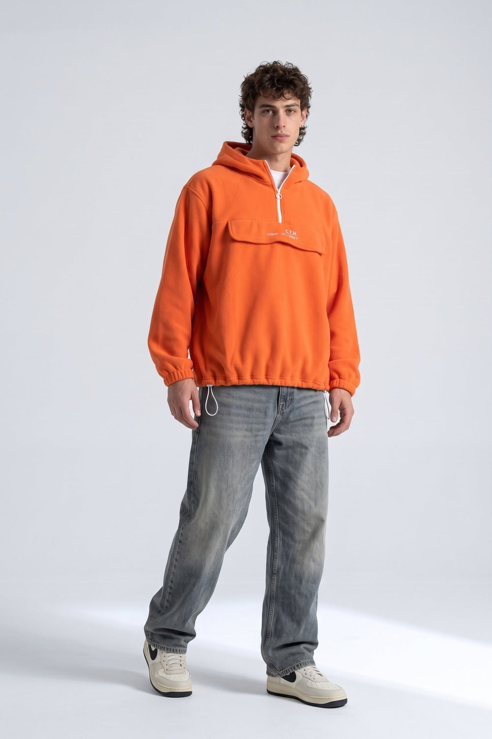 Yarım Fermuarlı Kapüşonlu Polar Sweatshirt, Turuncu - 2