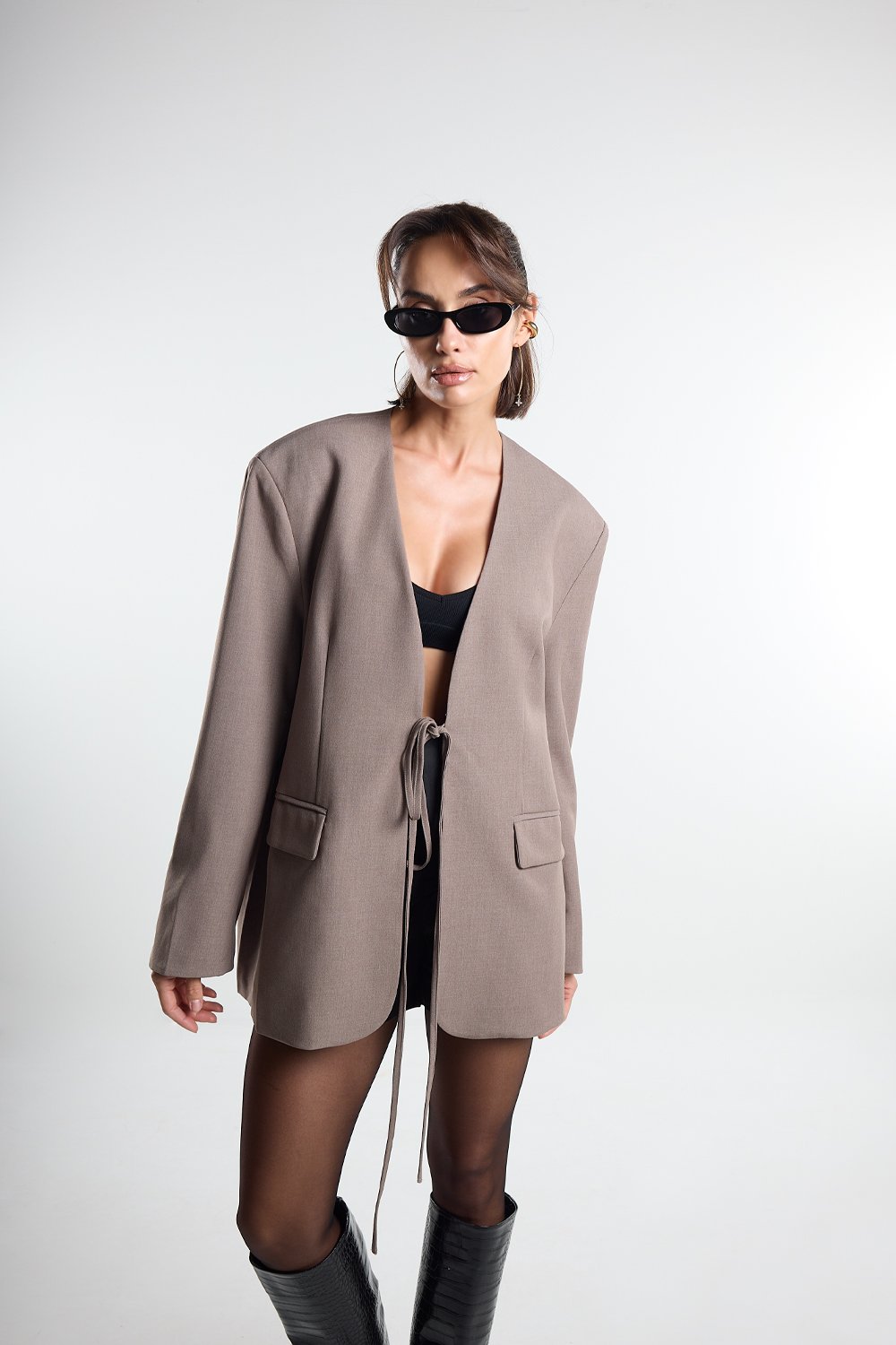 Christina's Storm-Taupe Laced Oversize Blazer-Ceket-1-fleurdirect.live