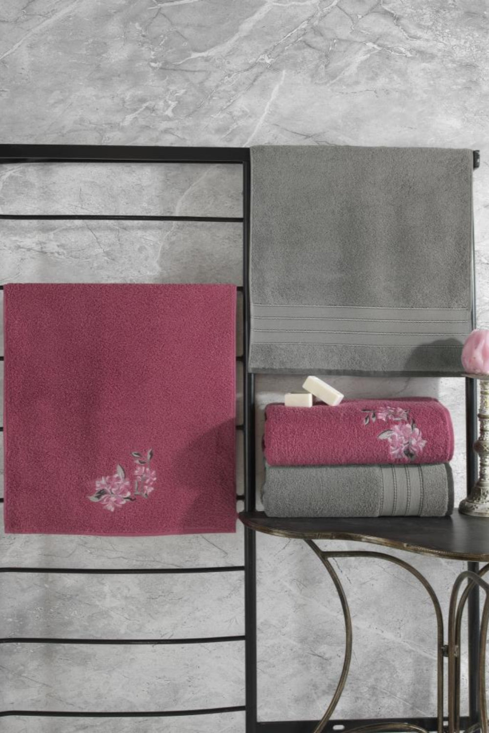 Cotton Box-%100 Pamuk Hamam Havlu Seti Colorful Gri Pembe-Havlu Seti-1-fleurdirect.live