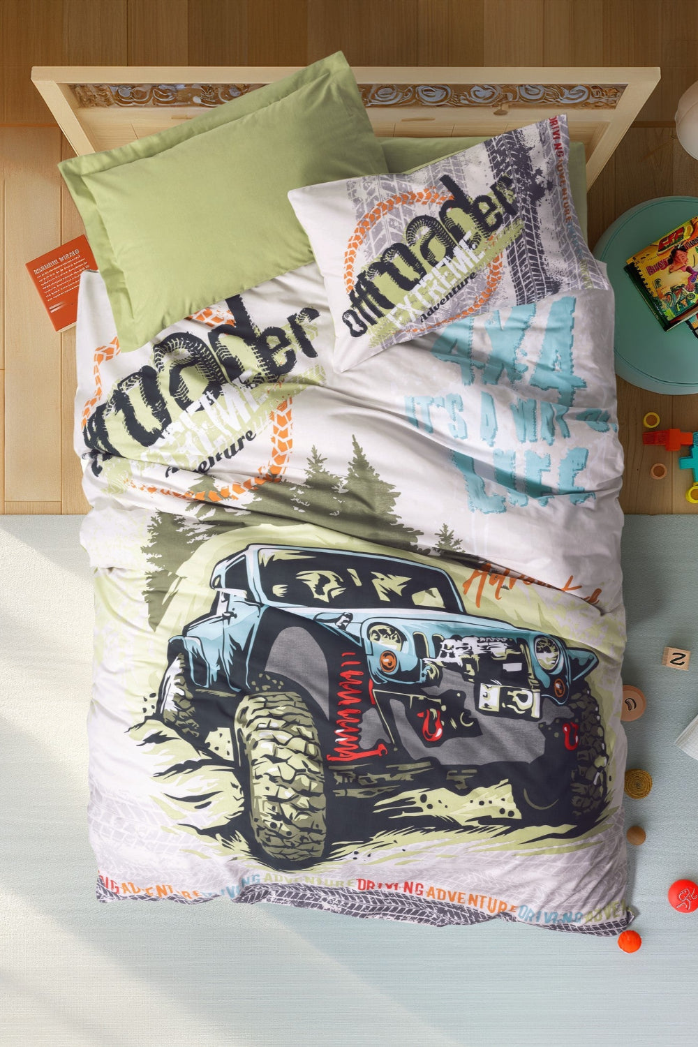 Cotton Box-Cotton Box Junior Tek Kişilik Lastikli çarşaflı Nevresim Takımı Adventure Yeşil-Tek Kişilik Nevresim Takımı-1-fleurdirect.live