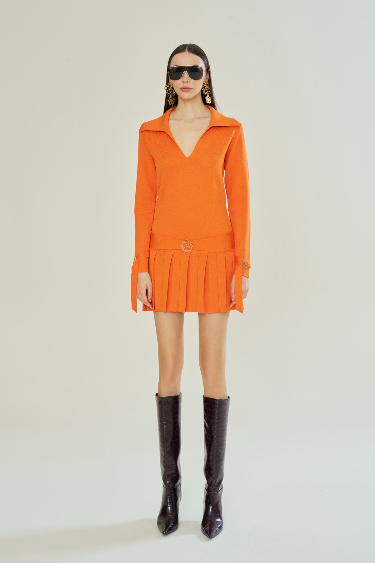 Declara-Mandarin Elegance Knit Dress-Elbise-1-fleurdirect.live